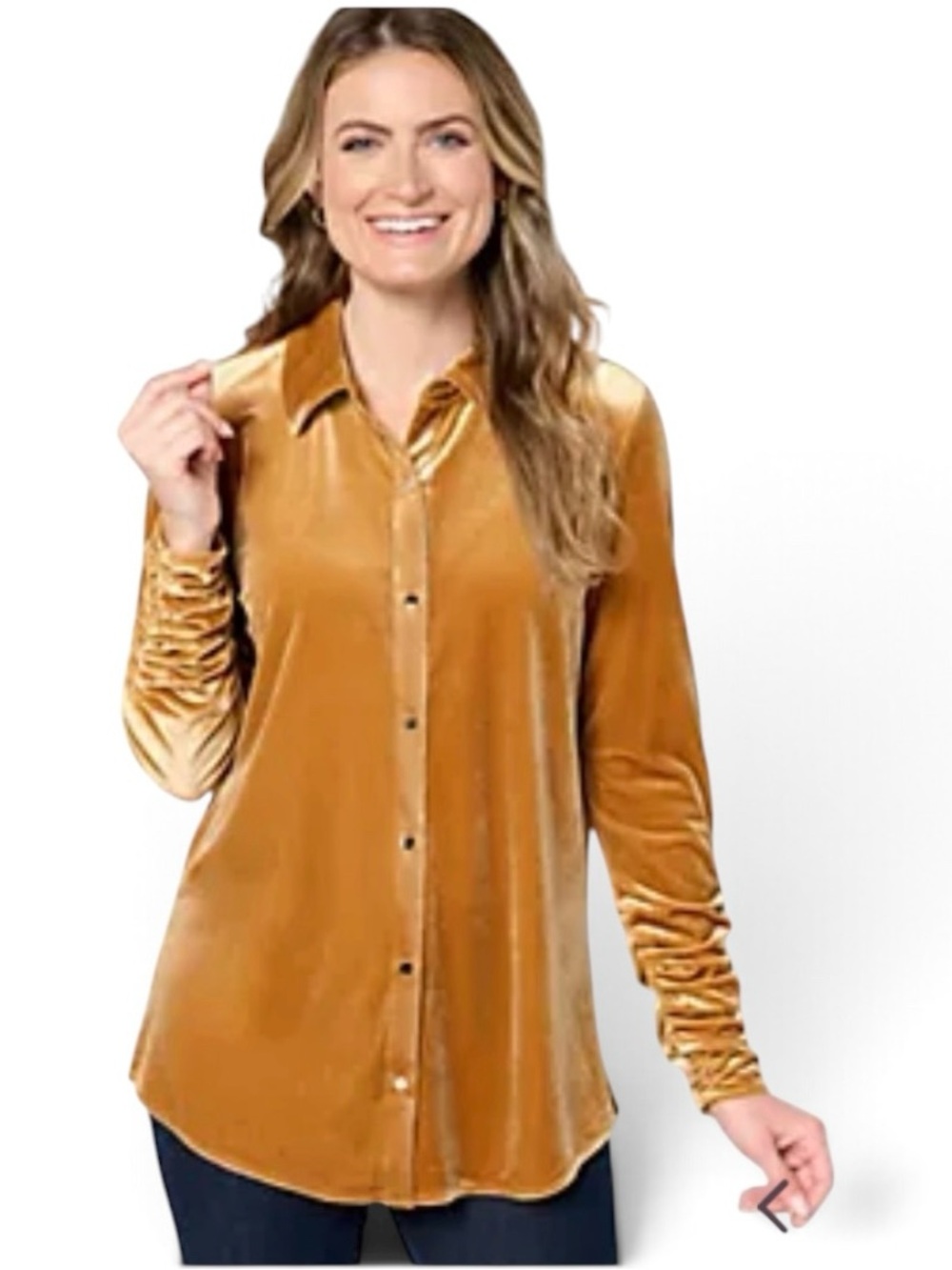 Susan Graver Knit Velvet Button Front Long Sleeve Shirt Size Medium In Rich Gold